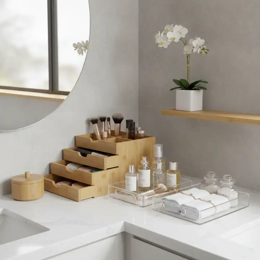 Bamboo organizers and clear vanity trays in a modern bathroom
