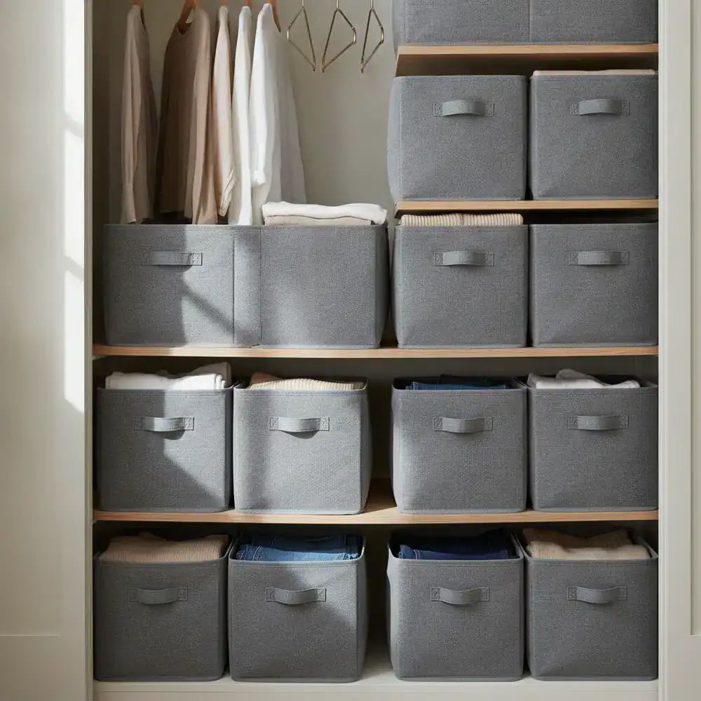 Neatly folded clothes in fabric storage boxes inside a wardrobe