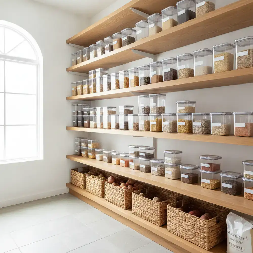 Organized kitchen pantry with clear labeled containers and wooden shelves