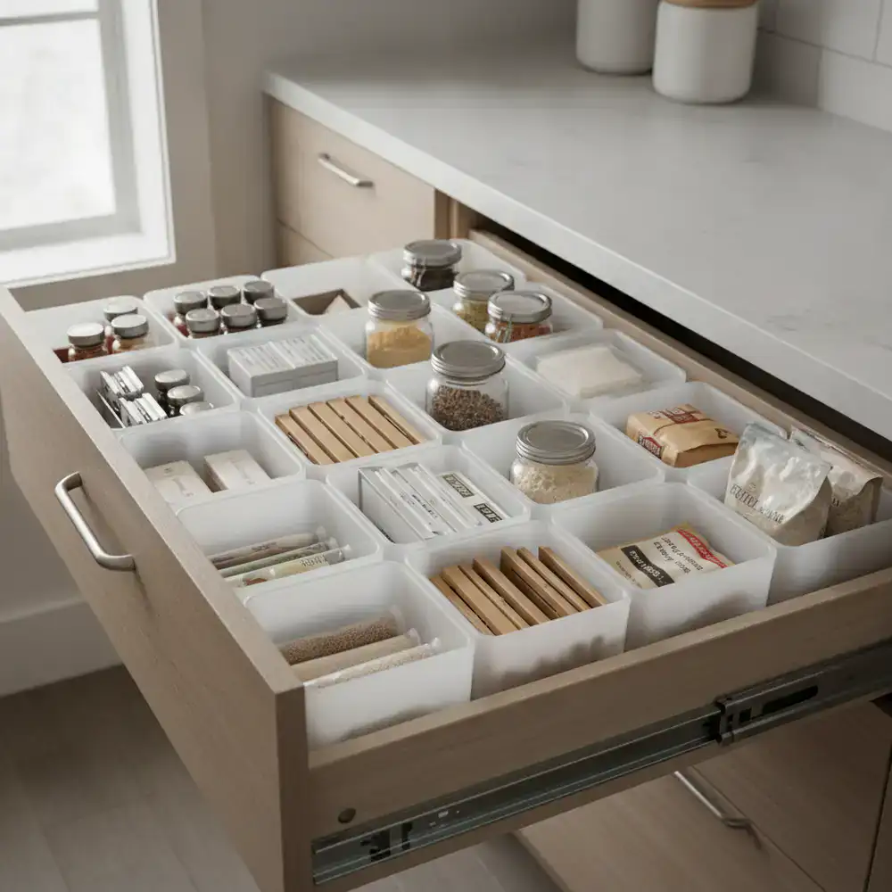 Close-up of modular storage bins perfectly fitted into a kitchen drawer