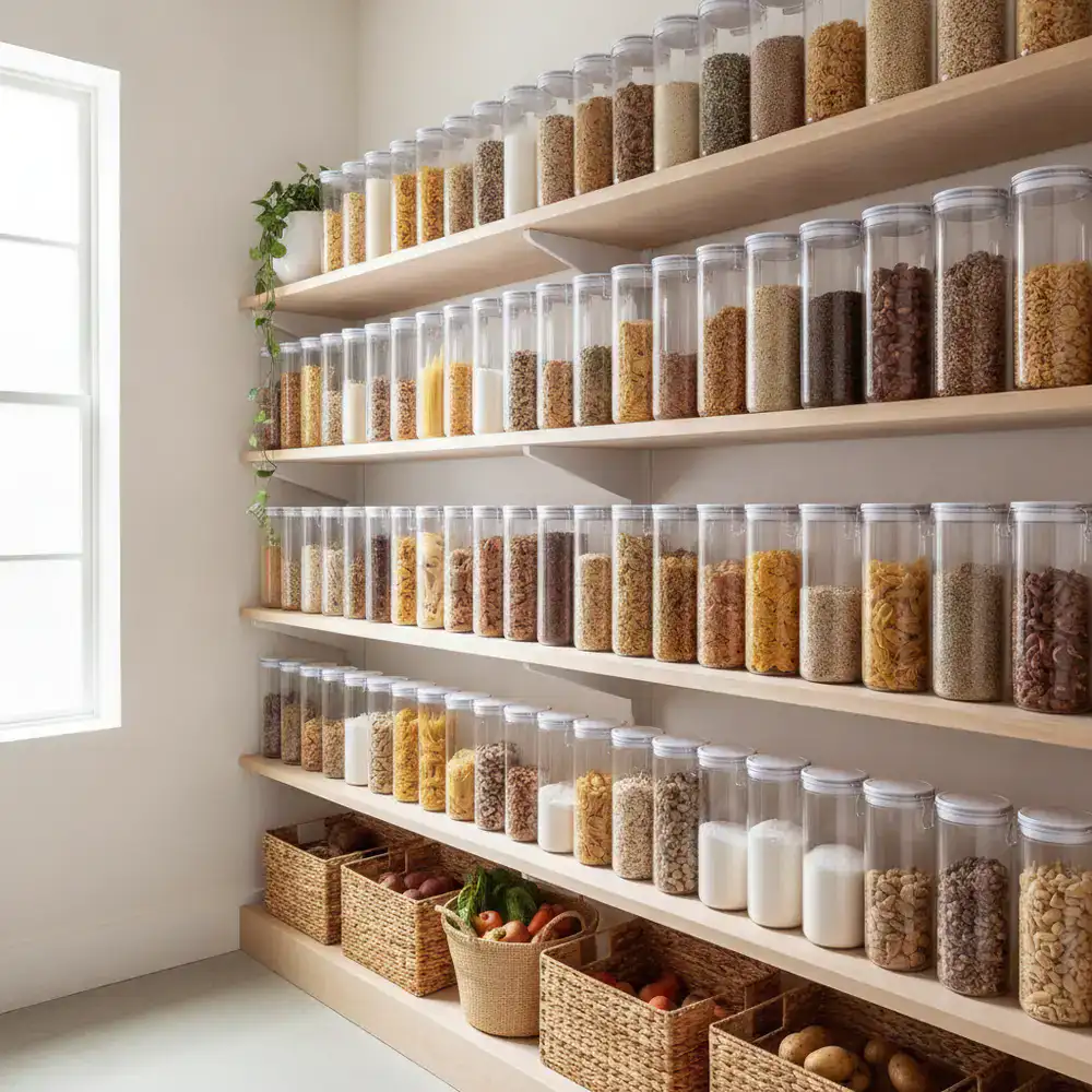 Organized kitchen pantry with clear containers