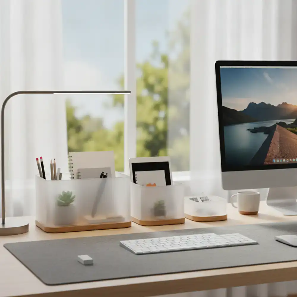 Organized office desk featuring FreshPromo Storage containers