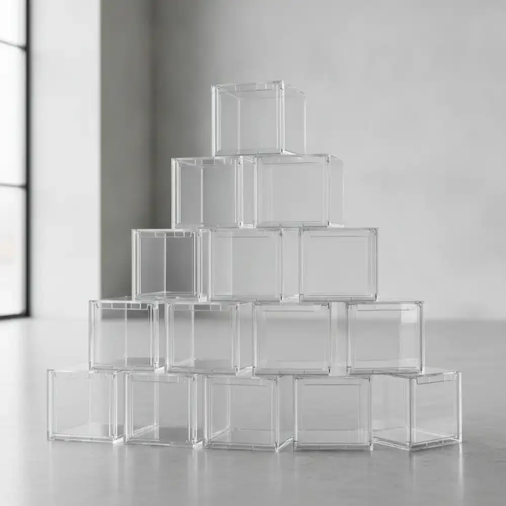 Close-up of adaptable clear storage bins stacking neatly