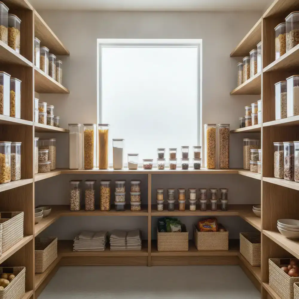 A perfectly organized kitchen pantry with clear storage containers
