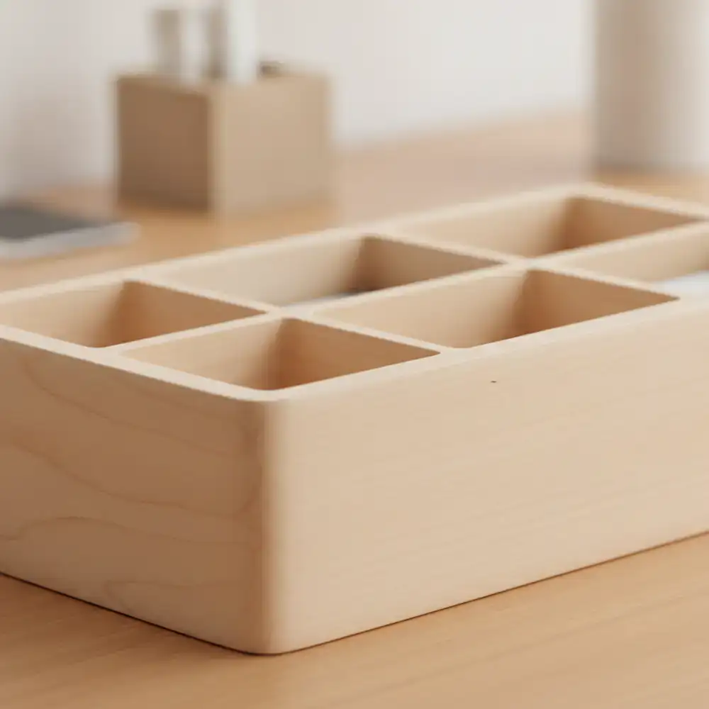 Close up of a smoothly finished wooden organizer box