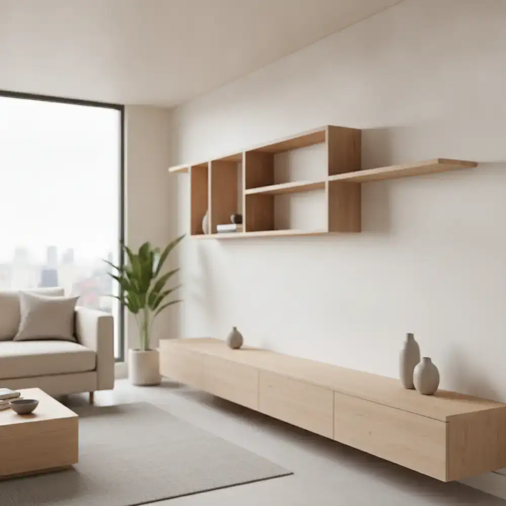 Minimalist living room storage in a Dhaka apartment